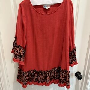 Umgee Red Top with Leopard Print Trim
